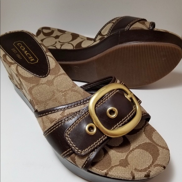 Coach Shoes - COACH Gretta Brown Leather Platform Wedge Sandals